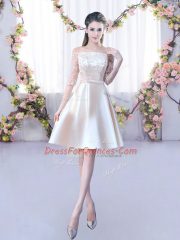 Custom Designed Champagne Dama Dress for Quinceanera Wedding Party with Lace and Belt Off The Shoulder Half Sleeves Lace Up
