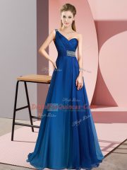 Fancy Sleeveless Beading Criss Cross Prom Evening Gown with Blue Brush Train