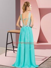 Pretty V-neck Sleeveless Chiffon Prom Party Dress Beading and Lace and Appliques Zipper