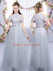 Latest Floor Length Grey Quinceanera Court of Honor Dress High-neck Sleeveless Zipper