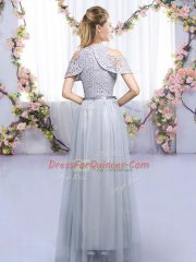 Latest Floor Length Grey Quinceanera Court of Honor Dress High-neck Sleeveless Zipper