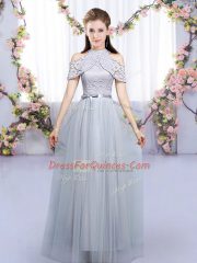 Latest Floor Length Grey Quinceanera Court of Honor Dress High-neck Sleeveless Zipper