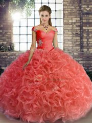 Adorable Watermelon Red Fabric With Rolling Flowers Lace Up Quince Ball Gowns Sleeveless Floor Length Beading