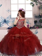 Beading and Ruffles Kids Formal Wear Red Lace Up Sleeveless Floor Length