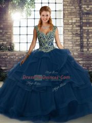 Glorious Blue Sleeveless Floor Length Beading and Ruffles Lace Up 15 Quinceanera Dress
