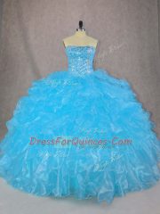 Ball Gowns Quinceanera Dresses Blue Strapless Organza Sleeveless Floor Length Lace Up