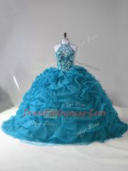 Admirable Ball Gowns Quince Ball Gowns Teal Halter Top Organza Sleeveless Lace Up