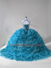 Admirable Ball Gowns Quince Ball Gowns Teal Halter Top Organza Sleeveless Lace Up