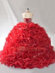 Fashionable Halter Top Sleeveless Sweet 16 Dress Brush Train Beading and Ruffles Red Organza