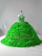 Halter Top Sleeveless Quinceanera Dress Court Train Beading and Pick Ups Green Organza