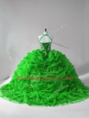 Halter Top Sleeveless Quinceanera Dress Court Train Beading and Pick Ups Green Organza