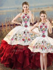White And Red Lace Up Halter Top Embroidery and Ruffles Quinceanera Dresses Organza Sleeveless