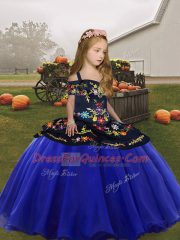 Royal Blue Ball Gowns Spaghetti Straps Sleeveless Organza Floor Length Lace Up Embroidery and Ruffles Child Pageant Dress