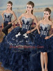 Popular Navy Blue Ball Gowns Satin and Organza Sweetheart Sleeveless Embroidery and Ruffles Lace Up Vestidos de Quinceanera