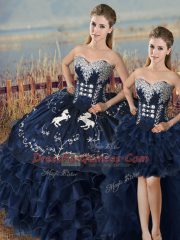 Popular Navy Blue Ball Gowns Satin and Organza Sweetheart Sleeveless Embroidery and Ruffles Lace Up Vestidos de Quinceanera