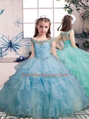 Fashionable Organza Scoop Sleeveless Lace Up Beading and Ruffles Child Pageant Dress in Light Blue