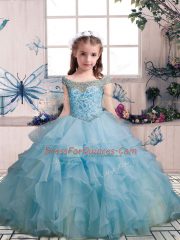 Fashionable Organza Scoop Sleeveless Lace Up Beading and Ruffles Child Pageant Dress in Light Blue