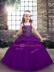 Classical Straps Sleeveless Pageant Dress Floor Length Beading Purple Tulle