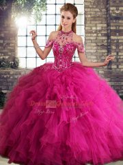 Clearance Floor Length Lace Up Quinceanera Gown Fuchsia for Military Ball and Sweet 16 and Quinceanera with Beading and Ruffles