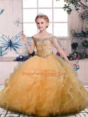 High End Off The Shoulder Sleeveless Kids Formal Wear Floor Length Beading and Ruffles Gold Tulle