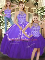 Cute Purple Sleeveless Beading and Embroidery Floor Length Quinceanera Gowns