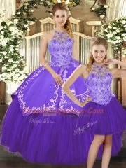 Cute Purple Sleeveless Beading and Embroidery Floor Length Quinceanera Gowns