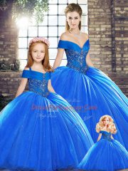 Beauteous Royal Blue Vestidos de Quinceanera Organza Brush Train Sleeveless Beading
