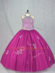 Discount Ball Gowns Quinceanera Gown Fuchsia Halter Top Tulle Sleeveless Floor Length Lace Up