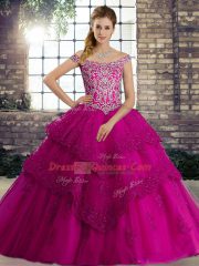 Lace Up Ball Gown Prom Dress Fuchsia for Military Ball and Sweet 16 and Quinceanera with Beading and Lace Brush Train