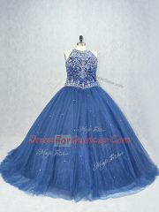 Navy Blue Lace Up Scoop Beading Quinceanera Gown Tulle Sleeveless Brush Train