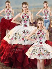 White And Red Sleeveless Embroidery and Ruffles Floor Length Vestidos de Quinceanera