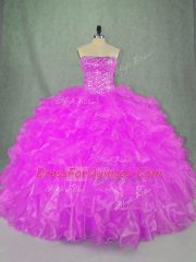 Dynamic Lilac Ball Gowns Strapless Sleeveless Organza Floor Length Lace Up Beading and Ruffles Ball Gown Prom Dress