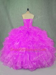 Dynamic Lilac Ball Gowns Strapless Sleeveless Organza Floor Length Lace Up Beading and Ruffles Ball Gown Prom Dress
