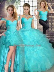 Custom Fit Aqua Blue Lace Up Off The Shoulder Beading and Ruffles Quinceanera Gowns Organza Sleeveless