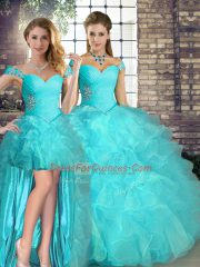 Custom Fit Aqua Blue Lace Up Off The Shoulder Beading and Ruffles Quinceanera Gowns Organza Sleeveless