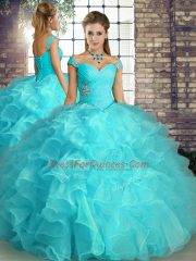 Custom Fit Aqua Blue Lace Up Off The Shoulder Beading and Ruffles Quinceanera Gowns Organza Sleeveless