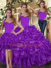 Amazing Sleeveless Organza Floor Length Lace Up Quince Ball Gowns in Purple with Ruffles