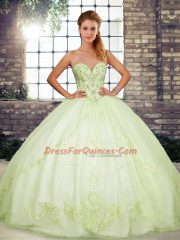 Tulle Sweetheart Sleeveless Lace Up Beading and Embroidery Quinceanera Gown in Yellow Green