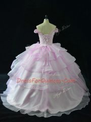 Custom Design Lace Up Quinceanera Gowns Lilac and In with Beading and Ruffled Layers Brush Train