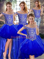Royal Blue Ball Gowns Tulle Off The Shoulder Sleeveless Beading and Ruffles Floor Length Lace Up Ball Gown Prom Dress