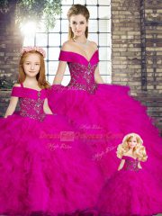 Fuchsia Sleeveless Beading and Ruffles Floor Length Quinceanera Dresses