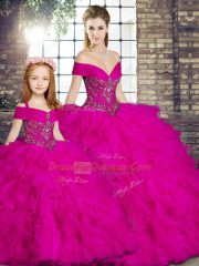 Fuchsia Sleeveless Beading and Ruffles Floor Length Quinceanera Dresses