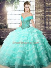 Apple Green Sleeveless Brush Train Beading and Ruffled Layers Quinceanera Gowns