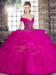 Fine Fuchsia Lace Up Quinceanera Dresses Beading and Ruffles Sleeveless Floor Length