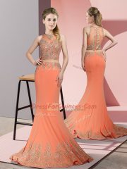 Orange Red Sleeveless Satin Sweep Train Zipper Evening Dress for Prom and Party