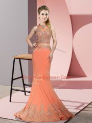 Orange Red Sleeveless Satin Sweep Train Zipper Evening Dress for Prom and Party