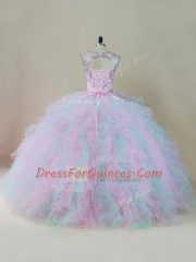 Admirable Multi-color Ball Gowns Beading and Ruffles Vestidos de Quinceanera Lace Up Organza Sleeveless Floor Length