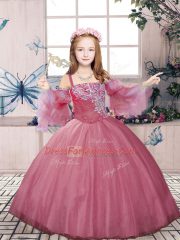 Pink Ball Gowns Straps Sleeveless Tulle Floor Length Lace Up Beading Little Girl Pageant Gowns
