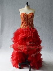 Glorious Wine Red A-line Organza Sweetheart Sleeveless Beading and Ruffles High Low Lace Up