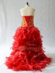 Glorious Wine Red A-line Organza Sweetheart Sleeveless Beading and Ruffles High Low Lace Up